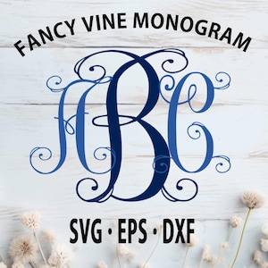 May include: A navy blue fancy vine monogram design featuring the letters H, B, and C intertwined with decorative swirls. The text "FANCY VINE MONOGRAM" is arched above the monogram. Below the monogram are the letters "SVG • EPS • DXF".