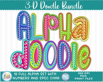3D Neon Doodle Alphabet PNG Bundle: Sublimation Print (Digital Download)