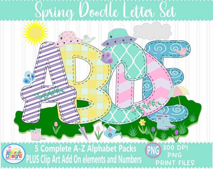 Spring Easter Faux Stitched Doodle Letters png Hand Drawn alpha pack Alphabet A-Z Set Sublimate Design Printable png Sublimation Print file