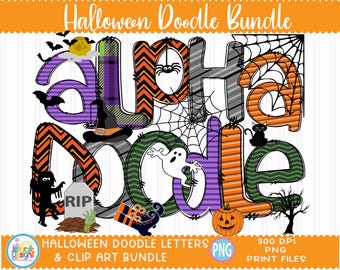 Halloween Doodle Alphabet Clipart Bundle: Witch, Ghost, Pumpkin (PNG)