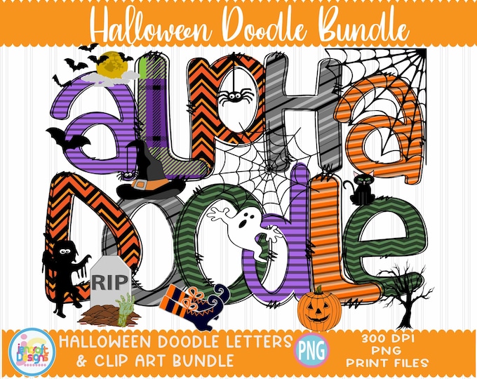 Halloween Doodle Alphabet Letter Bundle, Halloween PNG Numbers & Accessories, Halloween Clipart, Witch Ghost Pumpkin Bat, Commercial
