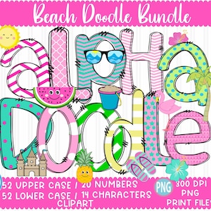 Letras dibujadas a mano, diseño de sublimación, playa, verano, océano, paquete alfa, números, alfabeto A-Z, conjunto, diseño de sublimación, imprimible, PNG