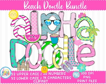 Doodle Letters png Beach Summer png Sublimation Ocean Hand Drawn alpha pack Numbers Alphabet A - Z Set Sublimate Design Printable png