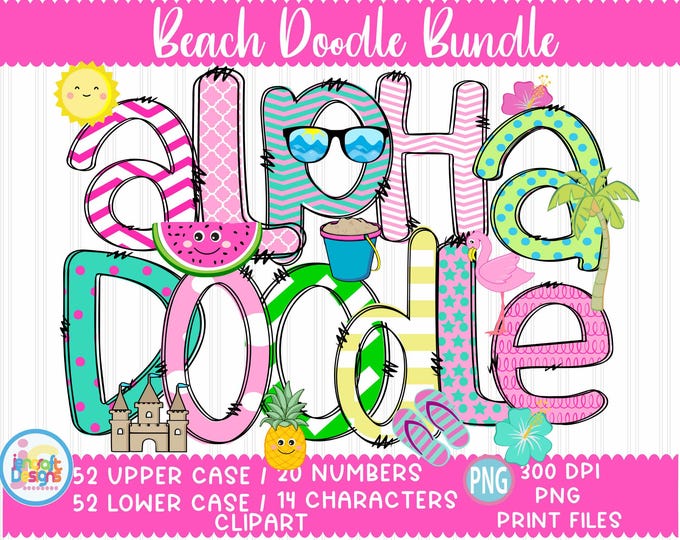 Doodle Letters png Beach Summer png Sublimation Ocean Hand Drawn alpha pack Numbers Alphabet A - Z Set Sublimate Design Printable png