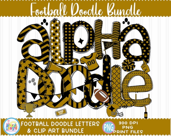 Football Doodle Letters png Black and Gold Hand Drawn alpha pack clip art Alphabet A - Z and Numbers Set Sublimate Design Printable png Font