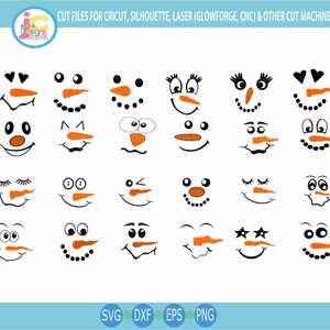 May include: A digital collection of twenty-four snowman face designs featuring black eyes, mouths, and orange carrot noses. The graphic includes various expressions with heart, star, and circular eyes. Text at the top reads CUT FILES FOR CRICUT, SILHOUETTE, LASER (GLOWFORGE, CNC) & OTHER CUT MACHINES.