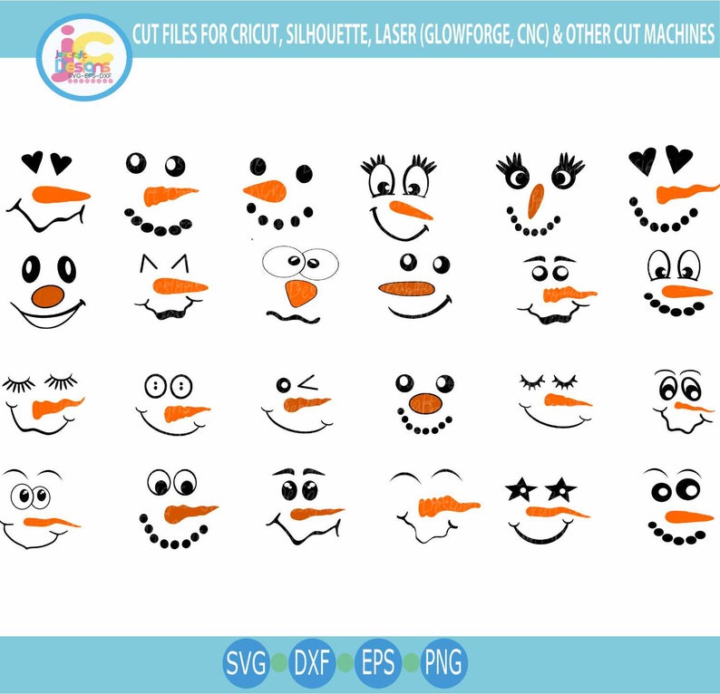 May include: A digital collection of twenty-four snowman face designs featuring black eyes, mouths, and orange carrot noses. The graphic includes various expressions with heart, star, and circular eyes. Text at the top reads CUT FILES FOR CRICUT, SILHOUETTE, LASER (GLOWFORGE, CNC) & OTHER CUT MACHINES.