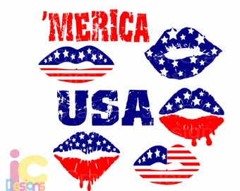 Patriotic Lips Svg, American Flag Lips, 4th of July US Flag Girl Lips Independence Day Fourth of July,Cricut Silhouette DXF EPS Png Reversed