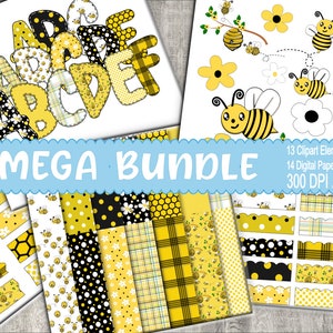 Honey Bee Digital scrapbook Mega Bundle, imágenes prediseñadas de papel digital, bordes, cinta washi, imágenes prediseñadas, letras de garabato, alfabeto, letras de abeja de miel