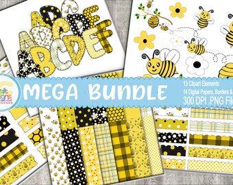 Honey Bee Digital scrapbook Mega Bundle, digital paper clipart, borders, washi tape, clip art, doodle letters, alphabet, honey bee letters