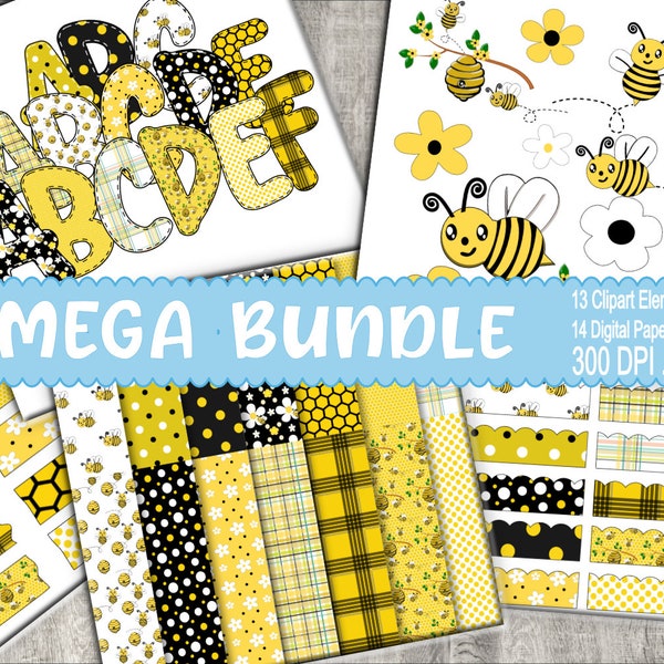 Honey Bee Digital scrapbook Mega Bundle, digital paper clipart, borders, washi tape, clip art, doodle letters, alphabet, honey bee letters