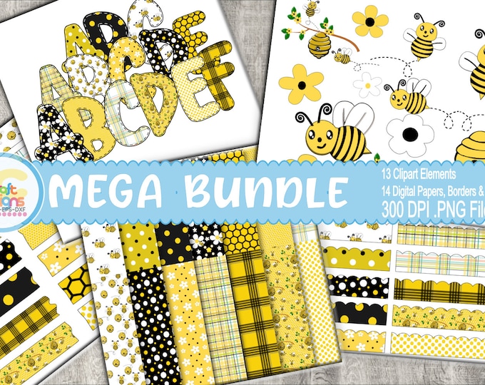 Honey Bee Digital scrapbook Mega Bundle, digital paper clipart, borders, washi tape, clip art, doodle letters, alphabet, honey bee letters