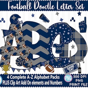Football Blue Grey faux applique Doodle Letters Alphabet Bundle PNG Hand Drawn Alpha Pack Digital Download Sublimation Digital Design PNG