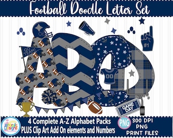 Football Blue Grey faux applique Doodle Letters Alphabet Bundle PNG Hand Drawn Alpha Pack Digital Download Sublimation Digital Design PNG