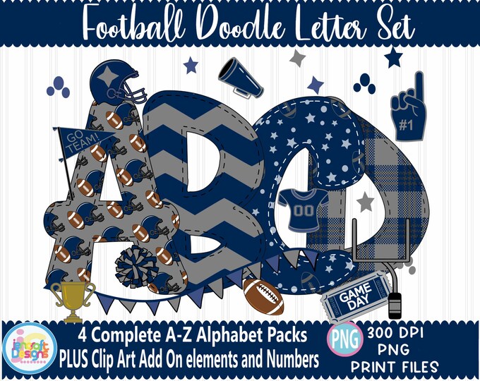 Football Blue Grey faux applique Doodle Letters Alphabet Bundle PNG Hand Drawn Alpha Pack Digital Download Sublimation Digital Design PNG