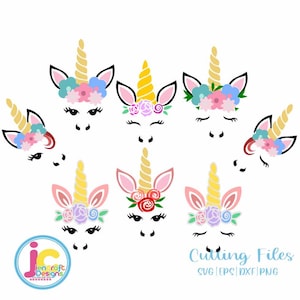 Pacchetto SVG con viso di unicorno floreale: corno d&#39;oro, ciglia (file digitali)