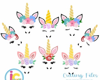 Unicorn svg, Unicorn face svg bundle, Gold Horn unicorn, Floral Unicorn Head Features eyelashes, SVG, DXF, Eps, Png Cricut, Silhouette