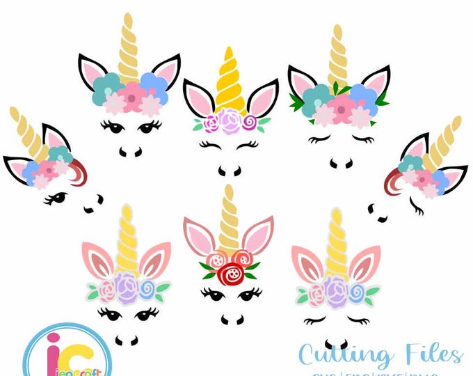 Unicorn svg, Unicorn face svg bundle, Gold Horn unicorn, Floral Unicorn Head Features eyelashes, SVG, DXF, Eps, Png Cricut, Silhouette