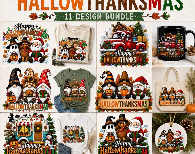 Hallowthanksmas PNG Bundle, Halloween Thanksgiving Christmas Sublimation, 8 Holiday Designs, Digital Download