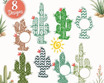 Cactus Monogram Frame SVG Bundle, Desert Cacti Western Cricut Cut File, Cinco de Mayo PNG DXF Eps