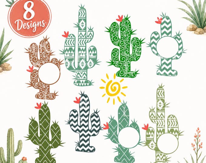 Cactus Monogram Frame SVG Bundle, Desert Cacti Western Cricut Cut File, Cinco de Mayo PNG DXF Eps