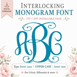 May include: A digital download featuring an interlocking monogram font in teal. The text reads INTERLOCKING MONOGRAM FONT, TTF + OTF INSTALLABLE FILES, Type lower case + UPPER CASE + lower case, and For Cricut, Silhouette & more, with floral accents.