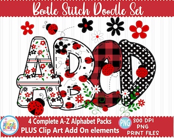 Ladybug Alphabet bundle Doodle Letters png sublimation, cute lady bug alpha pack, digital bug clip art, scrapbook design ladybug clipart png