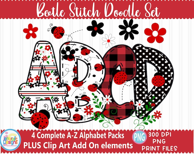 Ladybug Alphabet bundle Doodle Letters png sublimation, cute lady bug alpha pack, digital bug clip art, scrapbook design ladybug clipart png