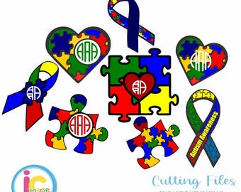 Autism Awareness SVG, Puzzle Monogram Frames SVG, Autism Mom SVG, Dxf, Eps, Png cutting files for use with Silhouette, Cricut