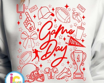 Game Day Png, Football Doodles Svg, Hand Drawn Doodle Design, Touchdown Season, Sport, Coquette, Transparent Background, Digital
