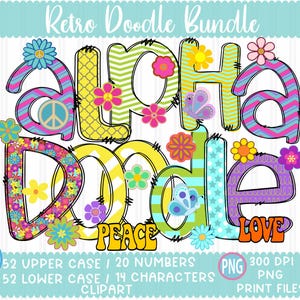 Retro Groovy Doodle Letras alfabeto png Sublimação Desenhado à mão pacote alfa Números A - Z Conjunto Flores Design Sublimado Fonte png para impressão