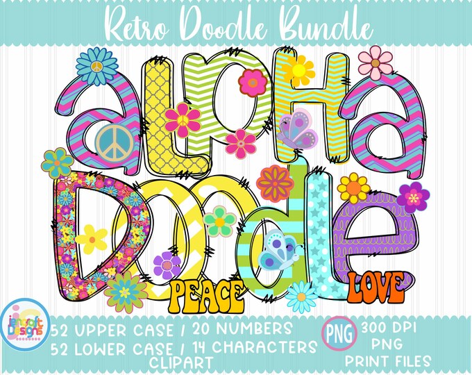 Retro Groovy Doodle Letters alphabet png Sublimation Hand Drawn alpha pack Numbers A - Z Set Flowers Sublimate Design Printable png Font