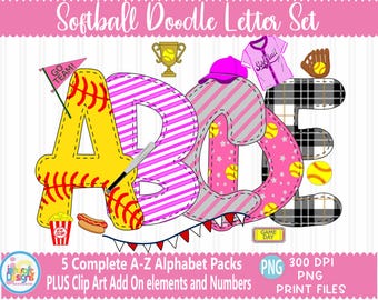Softball Doodle Letters faux applique Alphabet Girl Bundle PNG Hand Drawn Alpha Pack Digital Download Sublimation Digital Design PNG