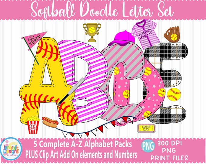 Softball Doodle Letters faux applique Alphabet Girl Bundle PNG Hand Drawn Alpha Pack Digital Download Sublimation Digital Design PNG