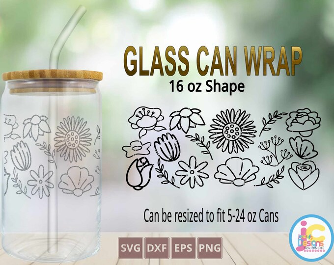 Floral tumbler wrap svg, Wildflower glass can svg, wild flower, libbey can wrap svg, flower svg, wildflower svg, eps, dxf, png free cup care