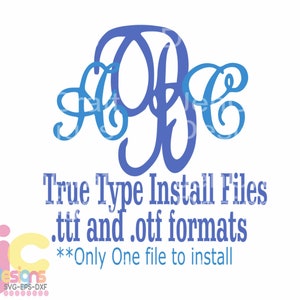 May include: A blue monogram design with the letters A, B, and C intertwined. Below the monogram, the text reads "True Type Install Files .ttf and .otf formats **Only One file to install". The image also includes a logo.