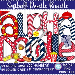 Softball Doodle Letters png Alphabet Bundle, Baseball Hand Drawn alpha pack Set Clip art Accessories, Numbers Sublimation print design
