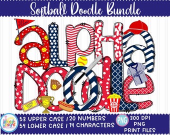 Softball Doodle Letters png Alphabet Bundle, Baseball Hand Drawn alpha pack Set Clip art Accessories, Numbers Sublimation print design