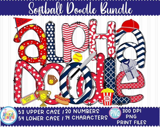 Softball Doodle Letters png Alphabet Bundle, Baseball Hand Drawn alpha pack Set Clip art Accessories, Numbers Sublimation print design