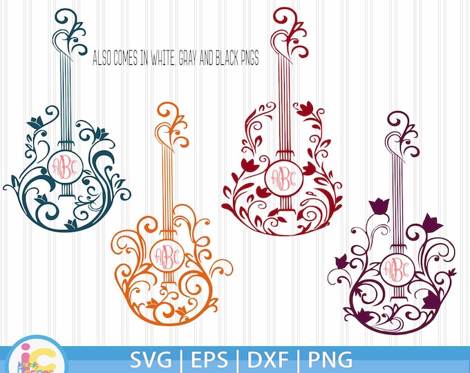 Floral Guitar SVG Music Monogram Frame, Boho Musical Design Frame Bundle Set Digital Flowers India svg dxf eps png cut files