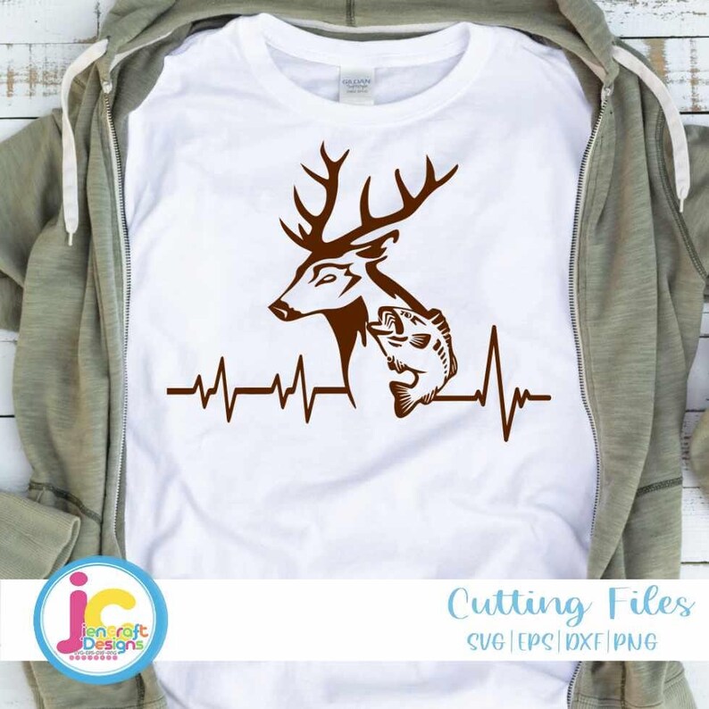 May include: A brown silhouette of a deer and a fish with a heartbeat line below. The design is on a white t-shirt.