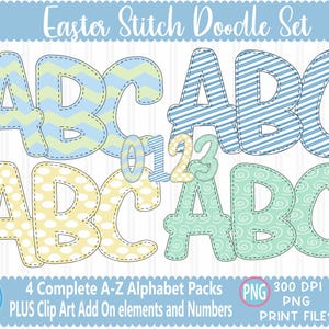 May include: A digital Easter-themed alphabet set with the text "Easter Stitch Doodle Set". The letters and numbers are in pastel colours with various patterns, including stripes, polka dots, and swirls. The set includes clip art elements.