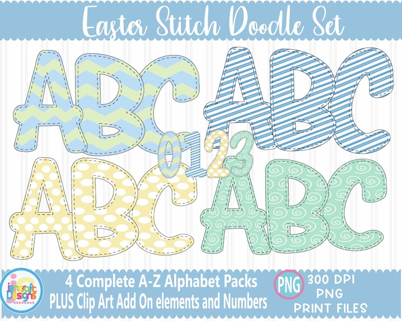 May include: A digital Easter-themed alphabet set with the text "Easter Stitch Doodle Set". The letters and numbers are in pastel colours with various patterns, including stripes, polka dots, and swirls. The set includes clip art elements.