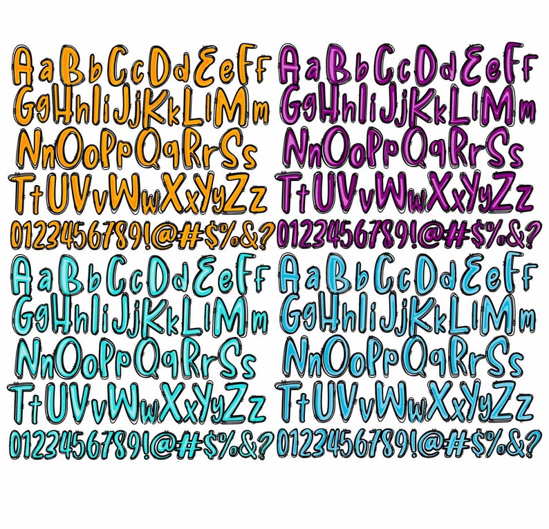 Neon Doodle Alphabet PNG Bundle: Colorful Letters & Numbers (digital ...