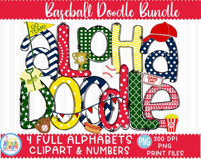 Baseball Doodle Letters png Hand Drawn alpha pack Alphabet A - Z Set with Clip art Sublimate Design Printable png Font Pink White Font