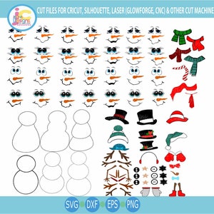Kit de muñeco de nieve svg, lindo paquete de construcción de muñeco de nieve SVG cara de mujer y hombre niño niña muñeco de nieve navideño archivo de corte digital Dxf Eps Png descarga instantánea
