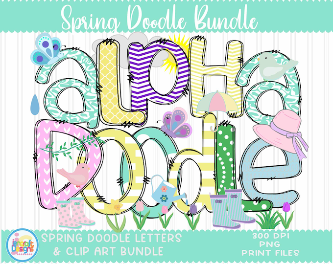 Spring Sublimation Doodle Letters png Hand Drawn alpha pack Numbers Alphabet A - Z Set Easter Summer Sublimate Design Printable png Font