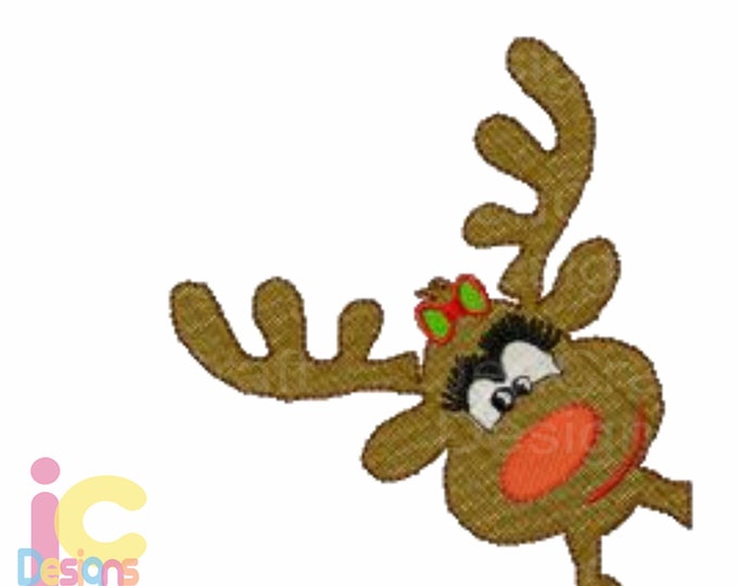 Girl Reindeer Corner peeking Embroidery Design, 4x4, 5x7, Instant Download digital file in PES, EXP, VIP, Hus, Xxx and Jef