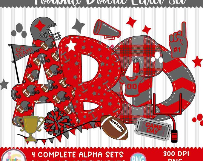 Football Doodle Letters Alphabet: Red and Grey PNG (Digital Download)