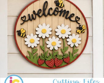 Welcome Door Sign SVG, Summer Round Door Hanger Laser Cut File, Daisy Bee Strawberry Porch Sign, Glowforge xTool DXF EPS Png Pdf